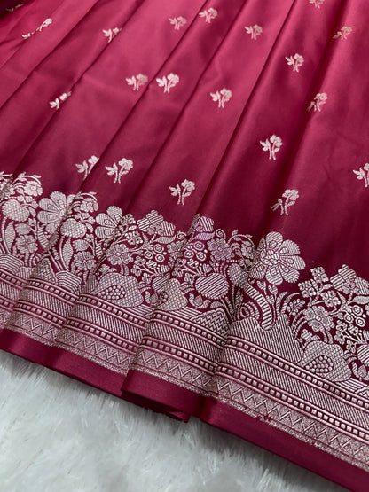 Deep Cherry Katan Silk Banarasi Saree with Fine Antique Copper Zari Arch-Bell Jhallar Border