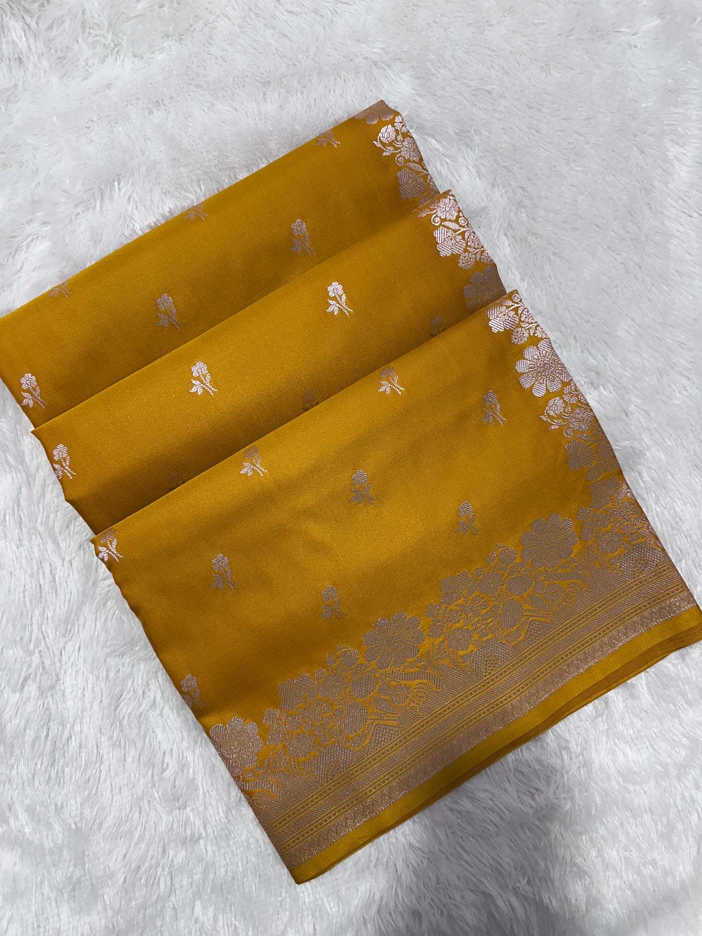 Mustard Yellow Katan Silk Banarasi Saree with Fine Antique Copper Zari Arch-Bell Jhallar Border