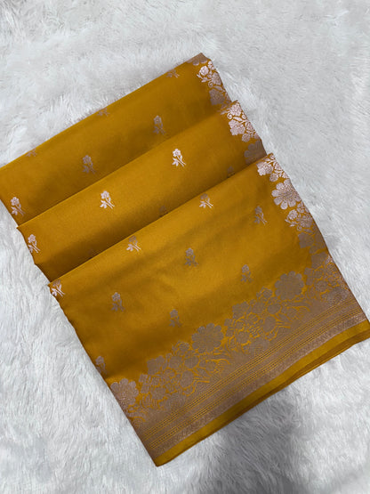 Mustard Yellow Katan Silk Banarasi Saree with Fine Antique Copper Zari Arch-Bell Jhallar Border