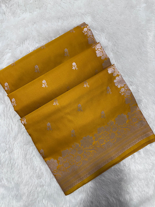 Mustard Yellow Katan Silk Banarasi Saree with Fine Antique Copper Zari Arch-Bell Jhallar Border