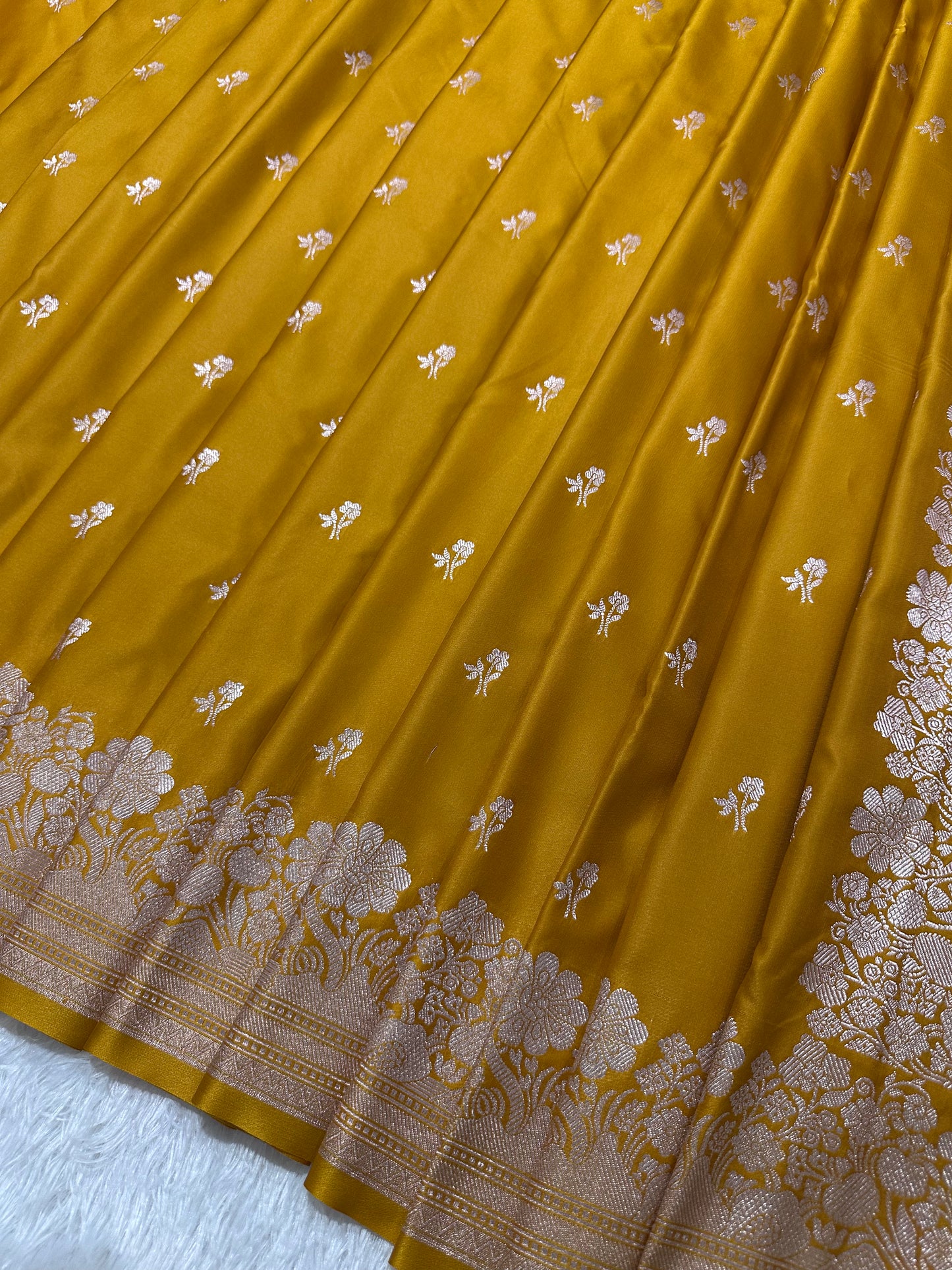Mustard Yellow Katan Silk Banarasi Saree with Fine Antique Copper Zari Arch-Bell Jhallar Border