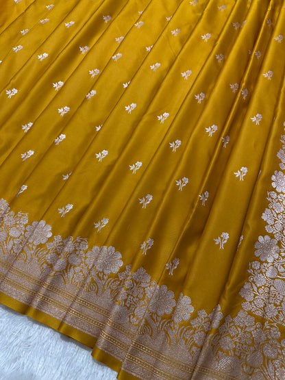 Mustard Yellow Katan Silk Banarasi Saree with Fine Antique Copper Zari Arch-Bell Jhallar Border