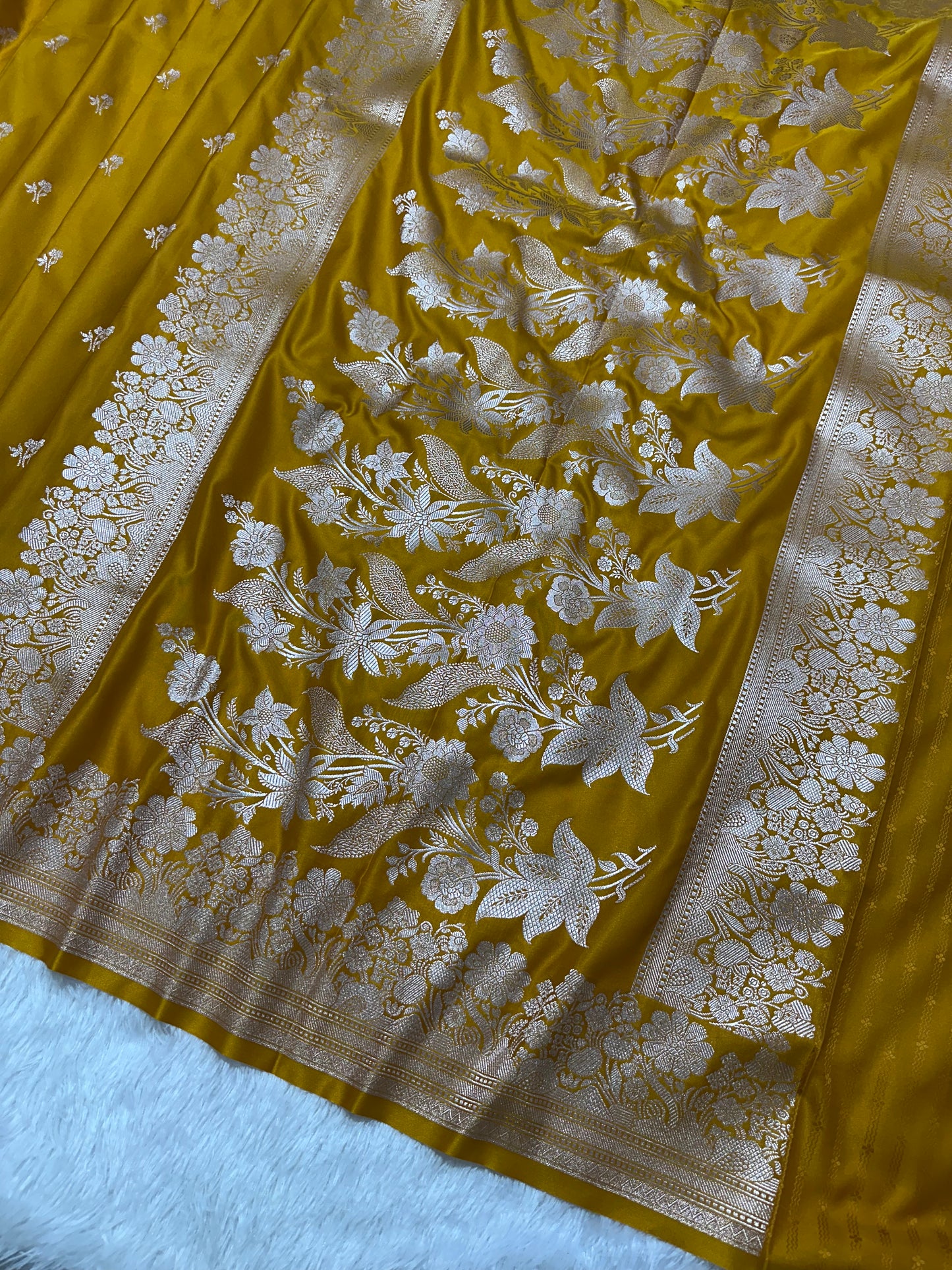 Mustard Yellow Katan Silk Banarasi Saree with Fine Antique Copper Zari Arch-Bell Jhallar Border