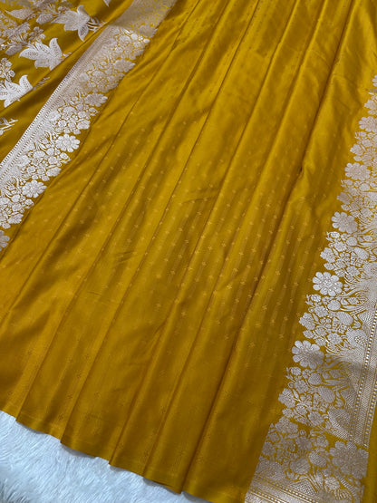 Mustard Yellow Katan Silk Banarasi Saree with Fine Antique Copper Zari Arch-Bell Jhallar Border