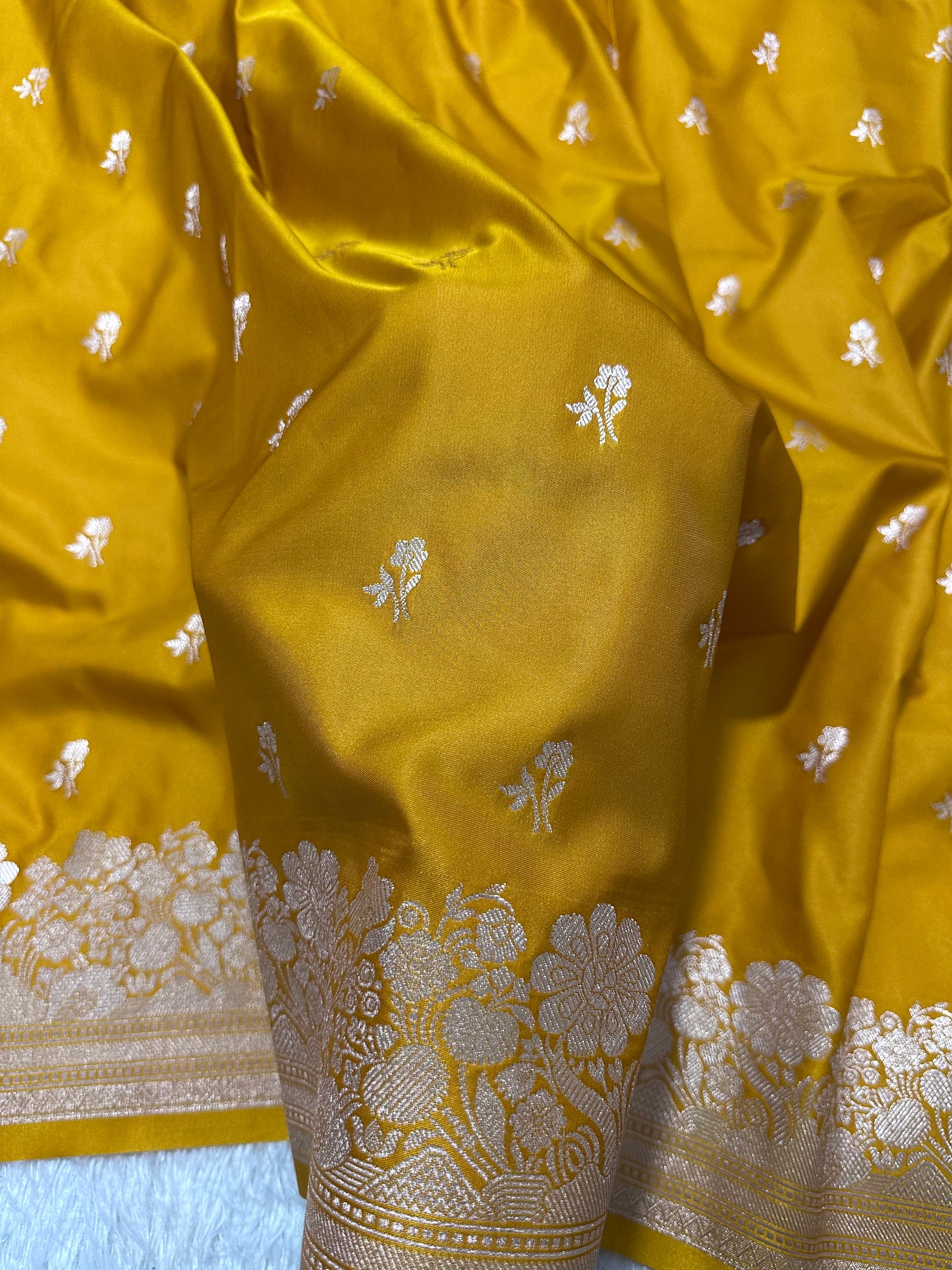 Mustard Yellow Katan Silk Banarasi Saree with Fine Antique Copper Zari Arch-Bell Jhallar Border