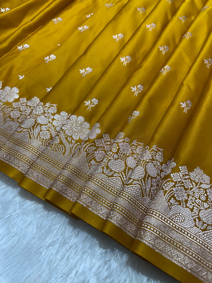 Mustard Yellow Katan Silk Banarasi Saree with Fine Antique Copper Zari Arch-Bell Jhallar Border