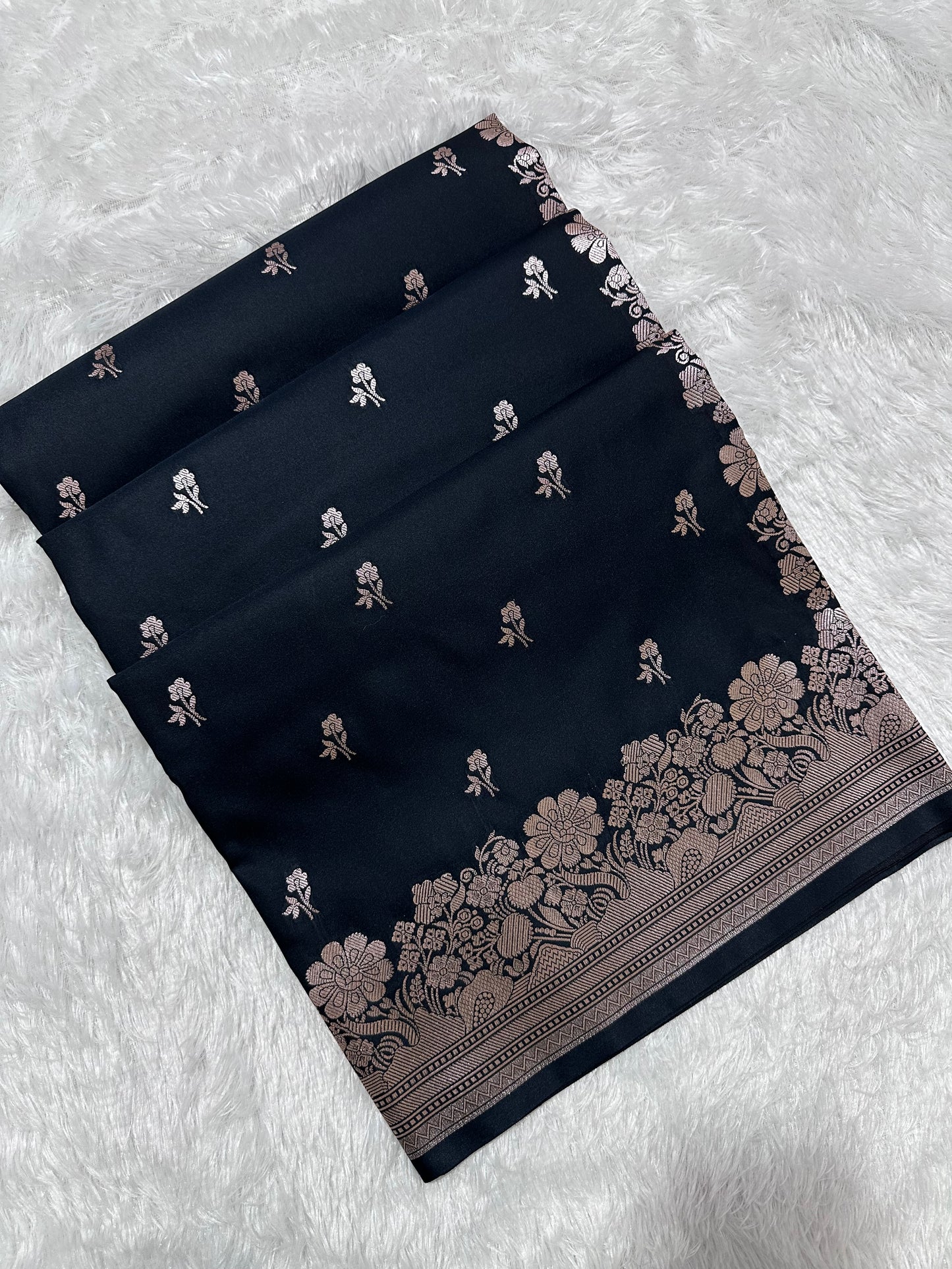 Black Katan Silk Banarasi Saree with Fine Antique Copper Zari Arch-Bell Jhallar Border