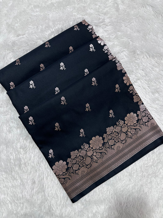 Black Katan Silk Banarasi Saree with Fine Antique Copper Zari Arch-Bell Jhallar Border