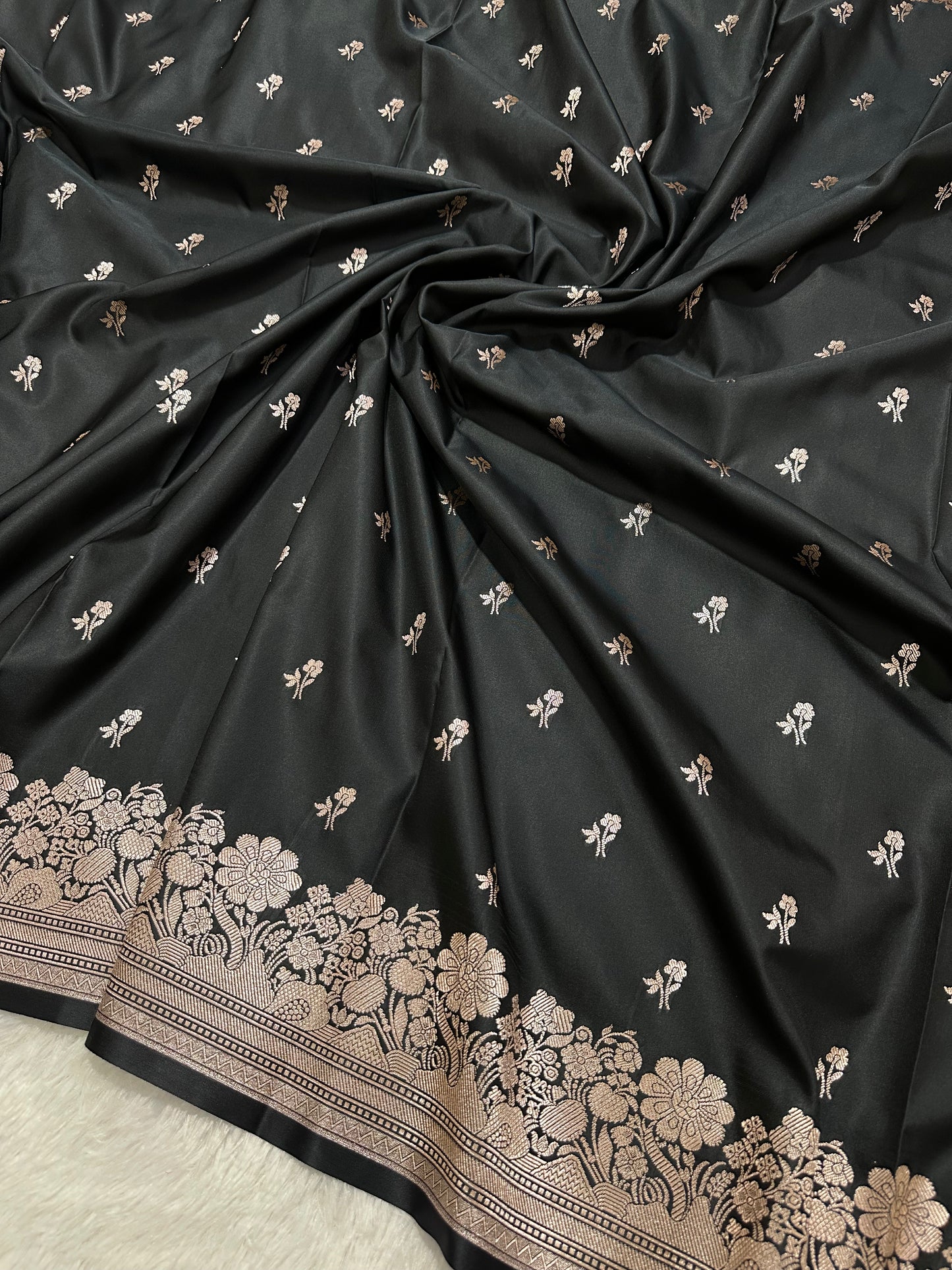 Black Katan Silk Banarasi Saree with Fine Antique Copper Zari Arch-Bell Jhallar Border
