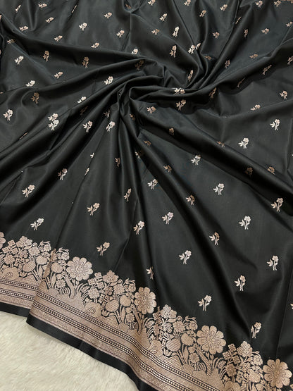 Black Katan Silk Banarasi Saree with Fine Antique Copper Zari Arch-Bell Jhallar Border