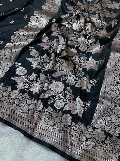 Black Katan Silk Banarasi Saree with Fine Antique Copper Zari Arch-Bell Jhallar Border