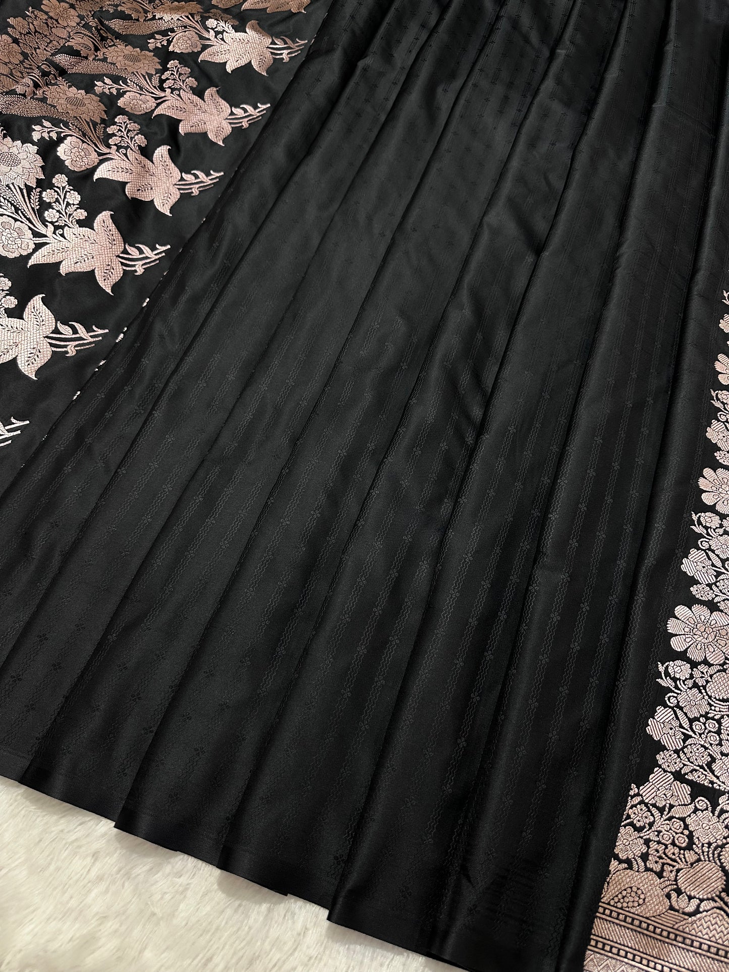Black Katan Silk Banarasi Saree with Fine Antique Copper Zari Arch-Bell Jhallar Border