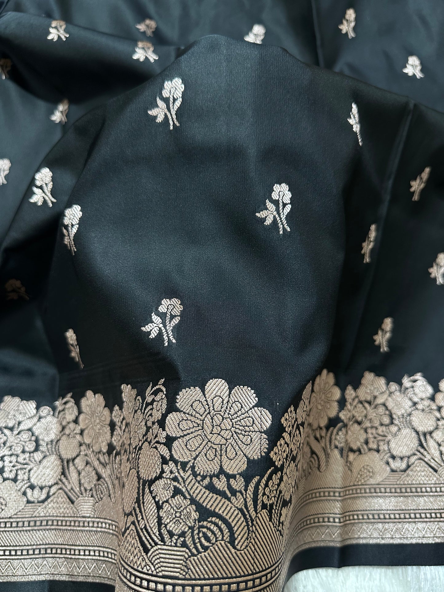 Black Katan Silk Banarasi Saree with Fine Antique Copper Zari Arch-Bell Jhallar Border
