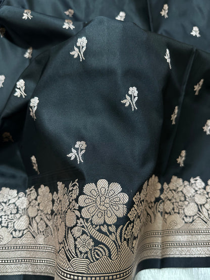 Black Katan Silk Banarasi Saree with Fine Antique Copper Zari Arch-Bell Jhallar Border