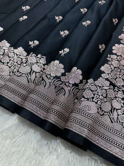 Black Katan Silk Banarasi Saree with Fine Antique Copper Zari Arch-Bell Jhallar Border