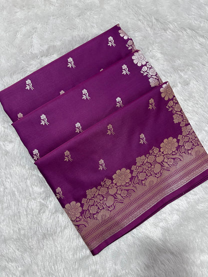 Purple Katan Silk Banarasi Saree with Fine Antique Copper Zari Arch-Bell Jhallar Border