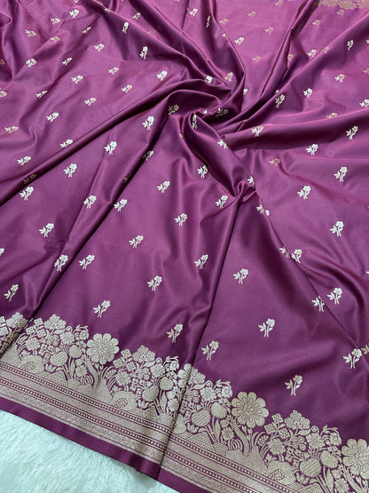 Purple Katan Silk Banarasi Saree with Fine Antique Copper Zari Arch-Bell Jhallar Border