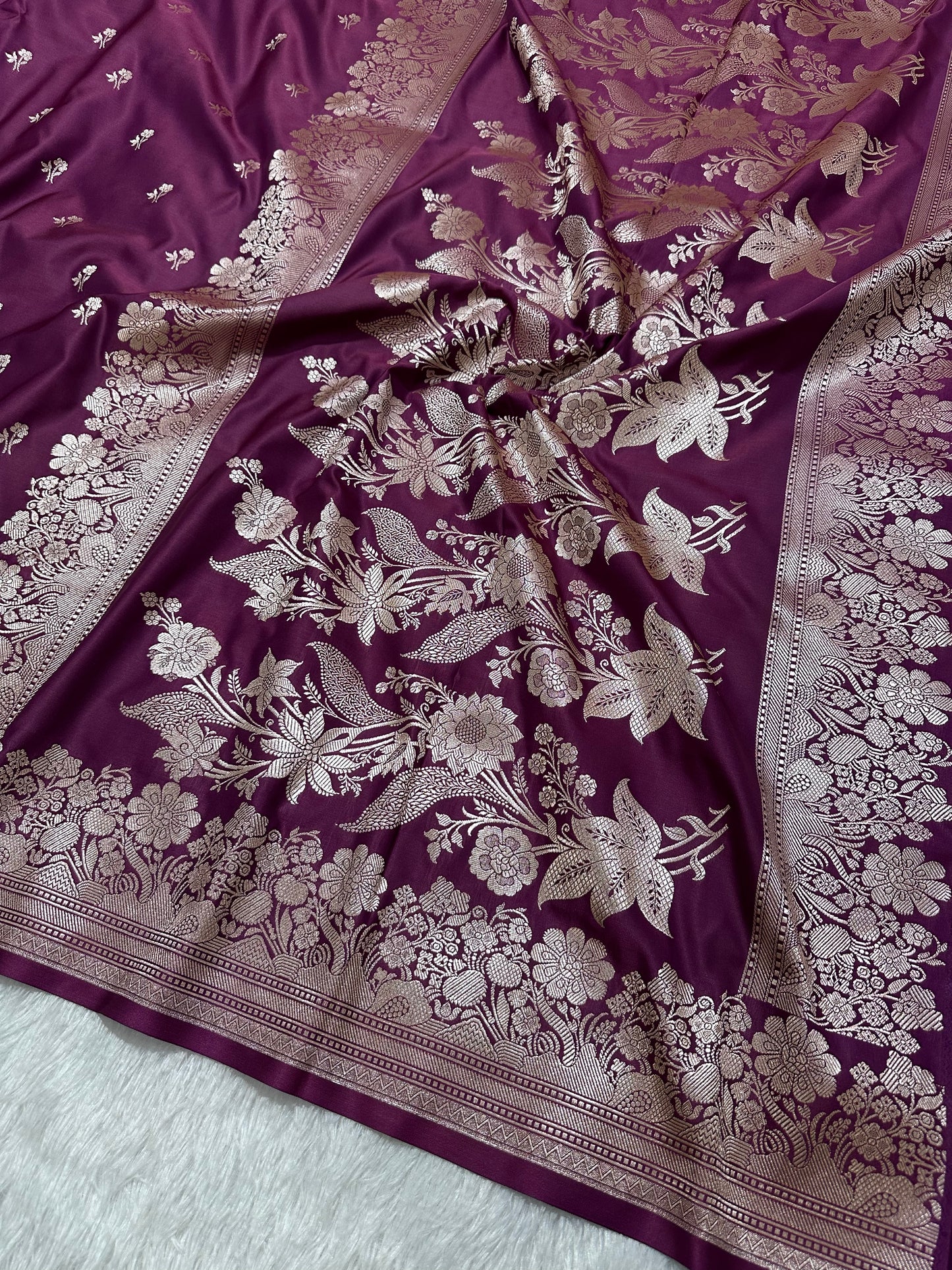Purple Katan Silk Banarasi Saree with Fine Antique Copper Zari Arch-Bell Jhallar Border
