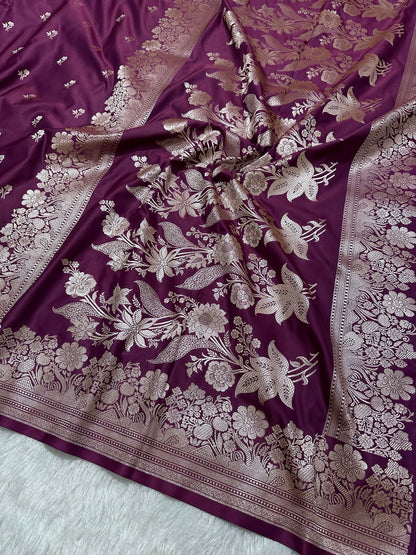 Purple Katan Silk Banarasi Saree with Fine Antique Copper Zari Arch-Bell Jhallar Border