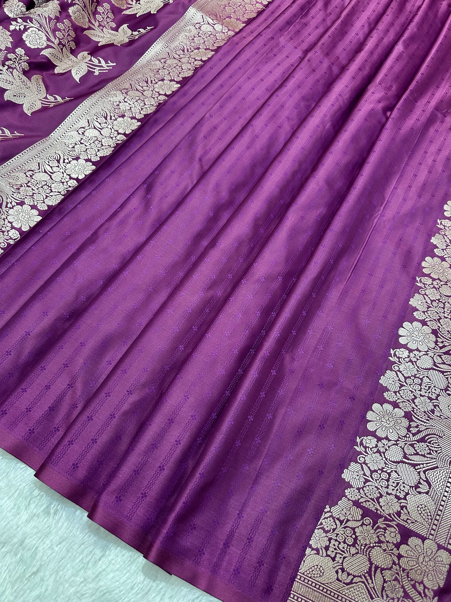 Purple Katan Silk Banarasi Saree with Fine Antique Copper Zari Arch-Bell Jhallar Border