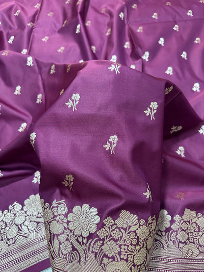 Purple Katan Silk Banarasi Saree with Fine Antique Copper Zari Arch-Bell Jhallar Border