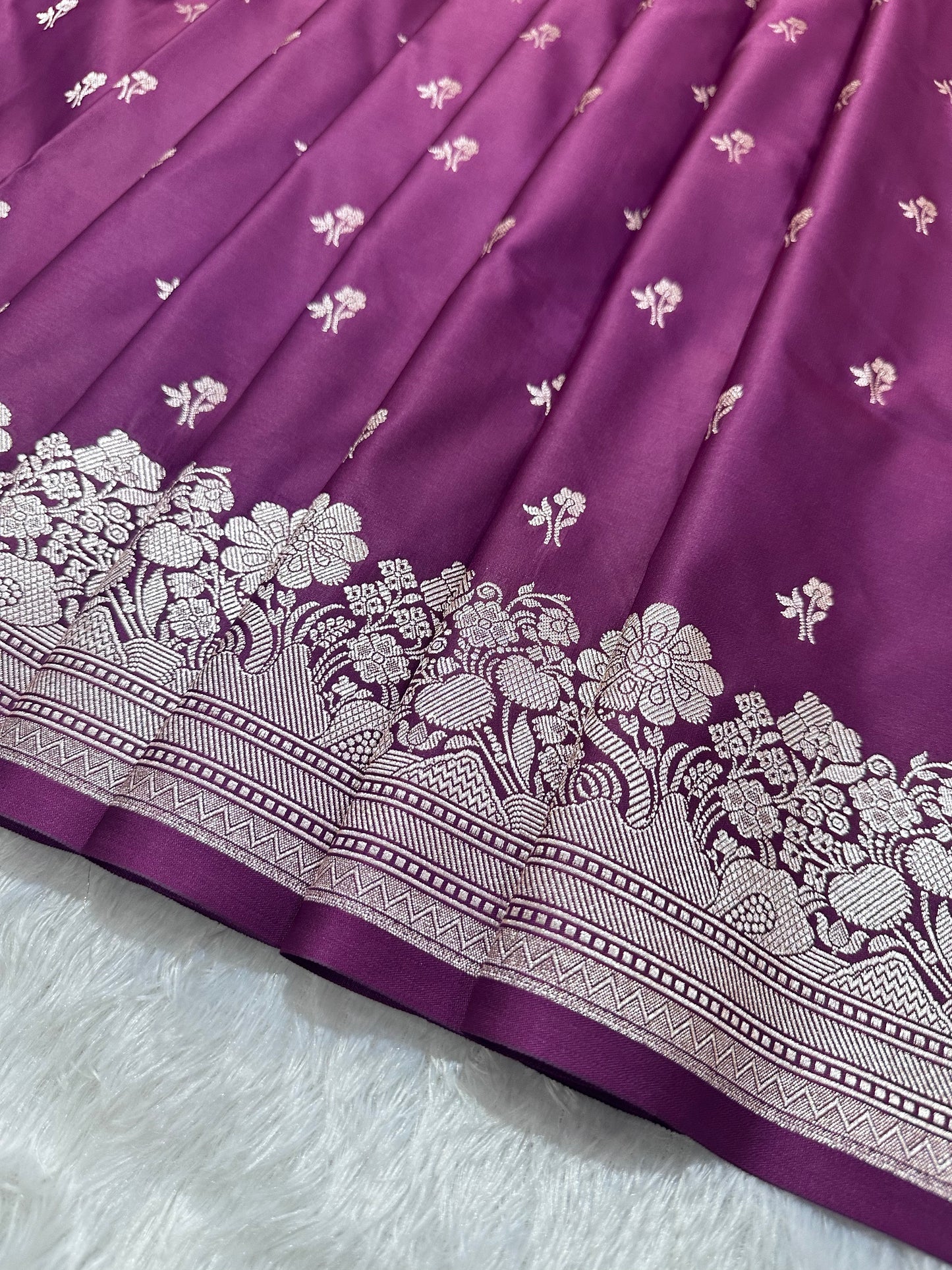 Purple Katan Silk Banarasi Saree with Fine Antique Copper Zari Arch-Bell Jhallar Border