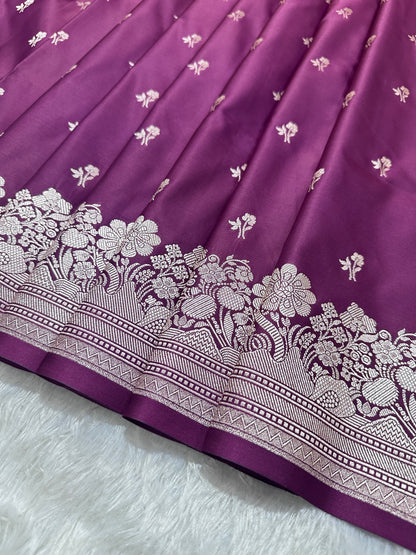 Purple Katan Silk Banarasi Saree with Fine Antique Copper Zari Arch-Bell Jhallar Border