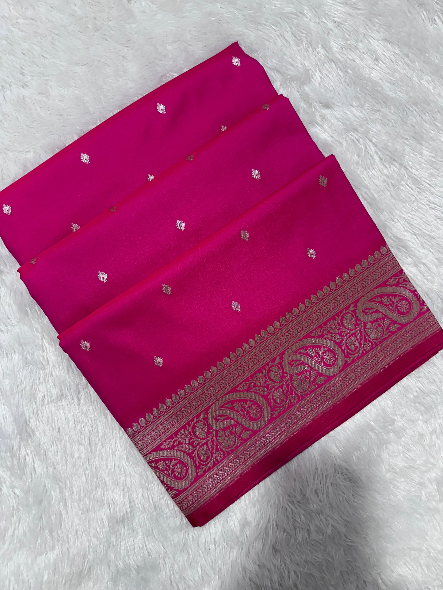 Rose pink Katan Silk Banarasi Saree with Fine Antique Copper Zari Arch-Bell Jhallar Border