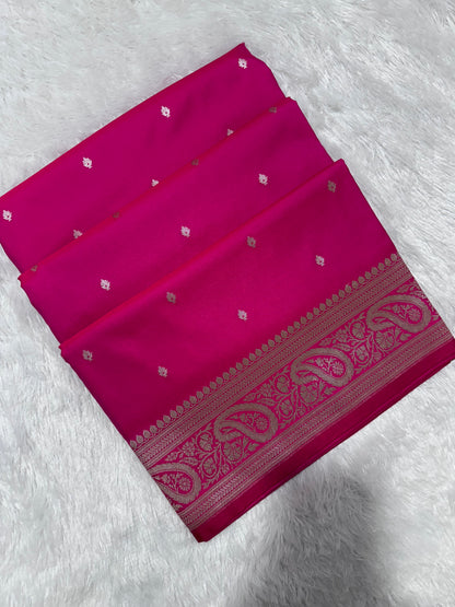 Rose pink Katan Silk Banarasi Saree with Fine Antique Copper Zari Arch-Bell Jhallar Border