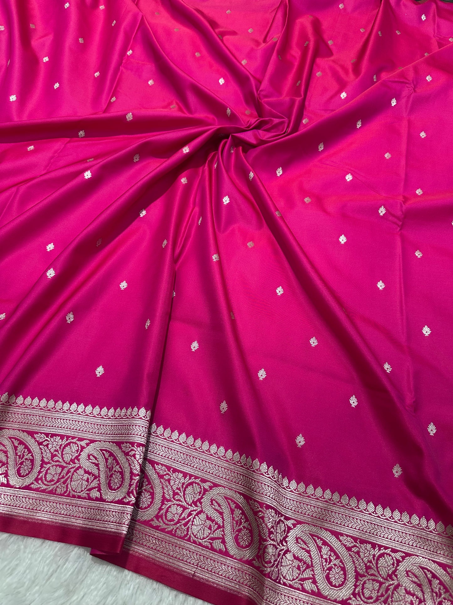 Rose pink Katan Silk Banarasi Saree with Fine Antique Copper Zari Arch-Bell Jhallar Border
