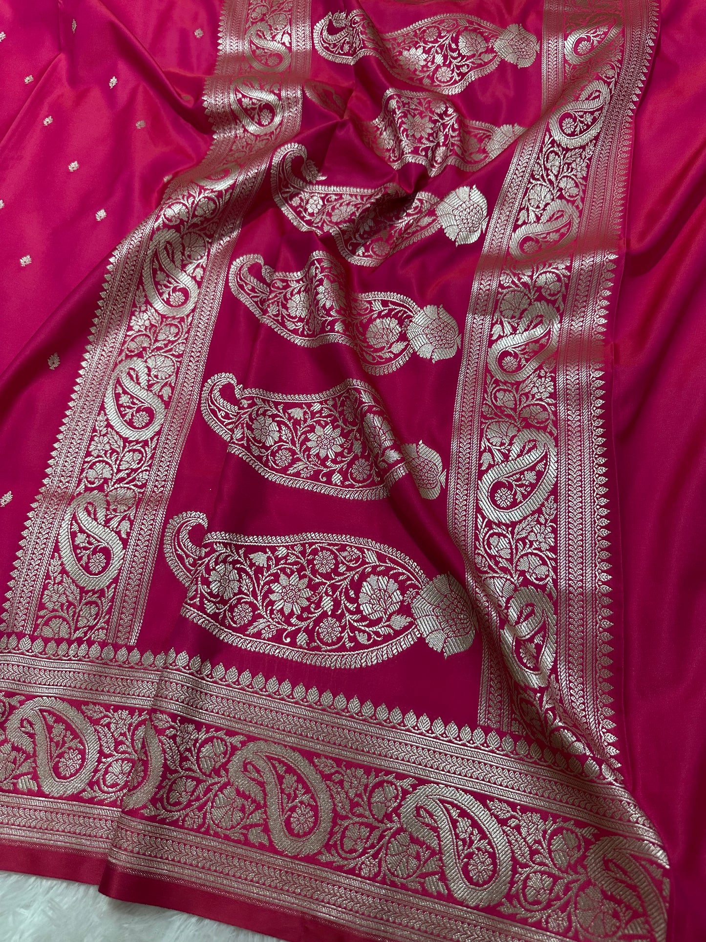 Rose pink Katan Silk Banarasi Saree with Fine Antique Copper Zari Arch-Bell Jhallar Border