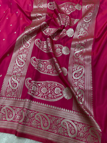 Rose pink Katan Silk Banarasi Saree with Fine Antique Copper Zari Arch-Bell Jhallar Border