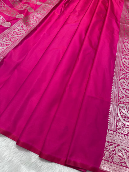 Rose pink Katan Silk Banarasi Saree with Fine Antique Copper Zari Arch-Bell Jhallar Border