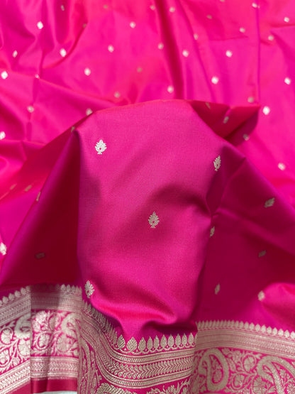 Rose pink Katan Silk Banarasi Saree with Fine Antique Copper Zari Arch-Bell Jhallar Border