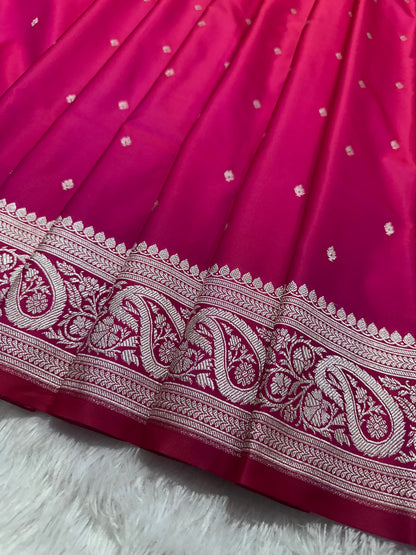 Rose pink Katan Silk Banarasi Saree with Fine Antique Copper Zari Arch-Bell Jhallar Border