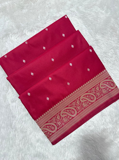 Bridal Crimson Red Katan Silk Banarasi Saree with Traditional Paisley Border and Shimmering Copper Zari Micro-Butis
