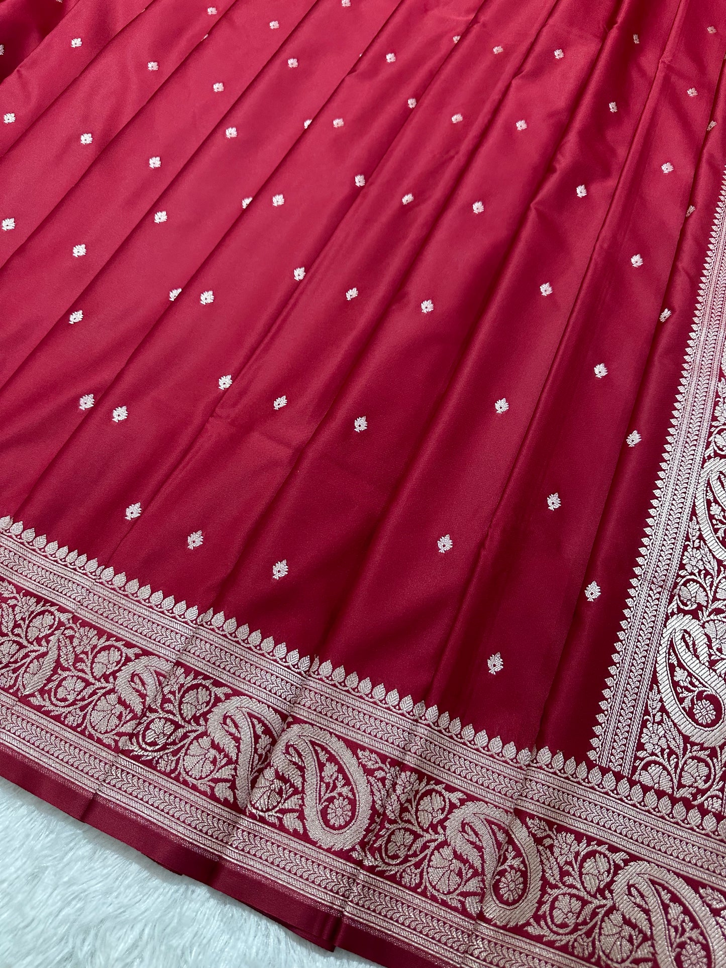 Bridal Crimson Red Katan Silk Banarasi Saree with Traditional Paisley Border and Shimmering Copper Zari Micro-Butis