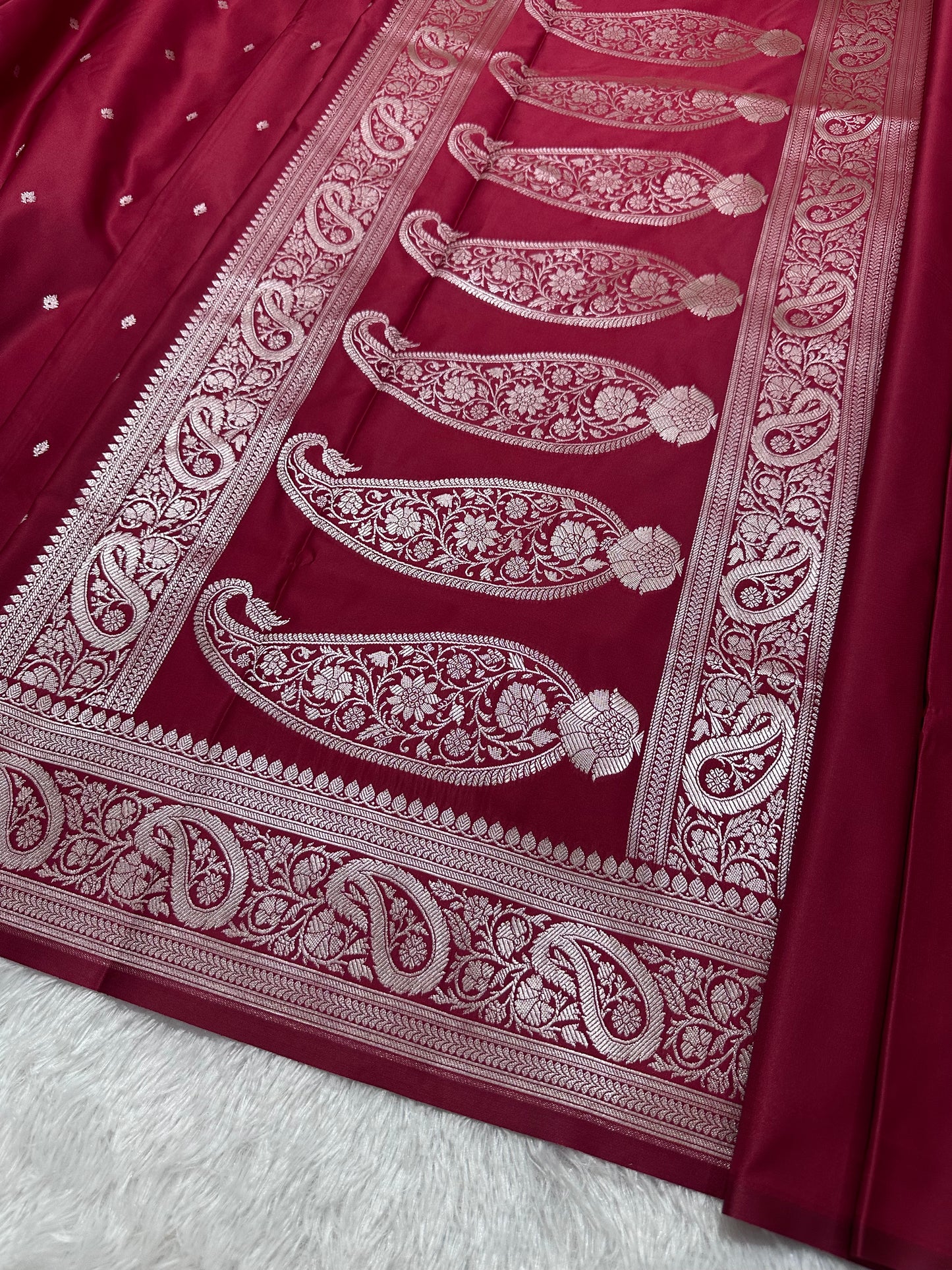 Bridal Crimson Red Katan Silk Banarasi Saree with Traditional Paisley Border and Shimmering Copper Zari Micro-Butis