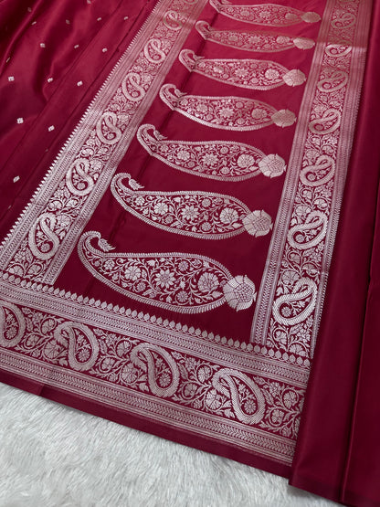 Bridal Crimson Red Katan Silk Banarasi Saree with Traditional Paisley Border and Shimmering Copper Zari Micro-Butis