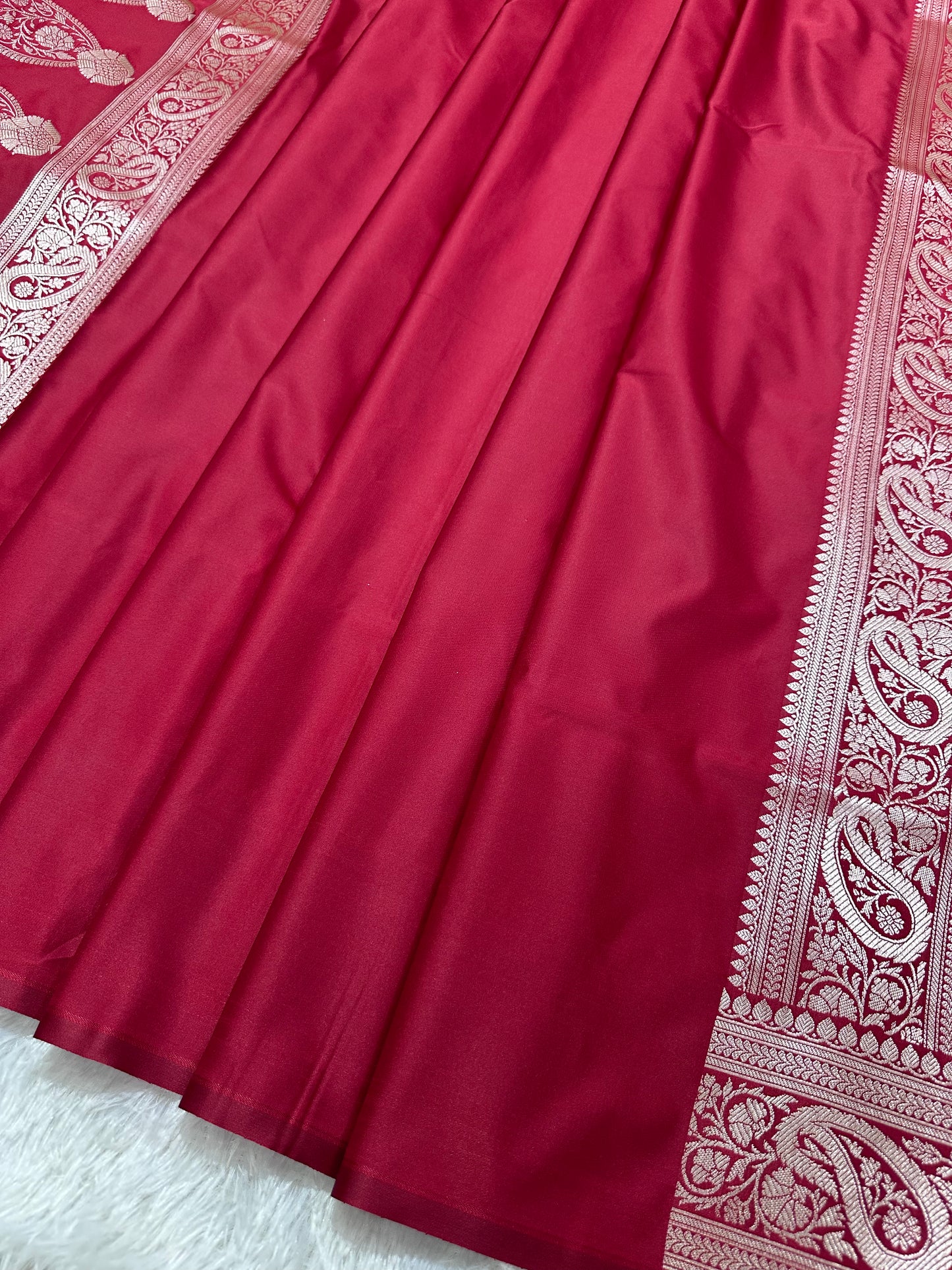 Bridal Crimson Red Katan Silk Banarasi Saree with Traditional Paisley Border and Shimmering Copper Zari Micro-Butis