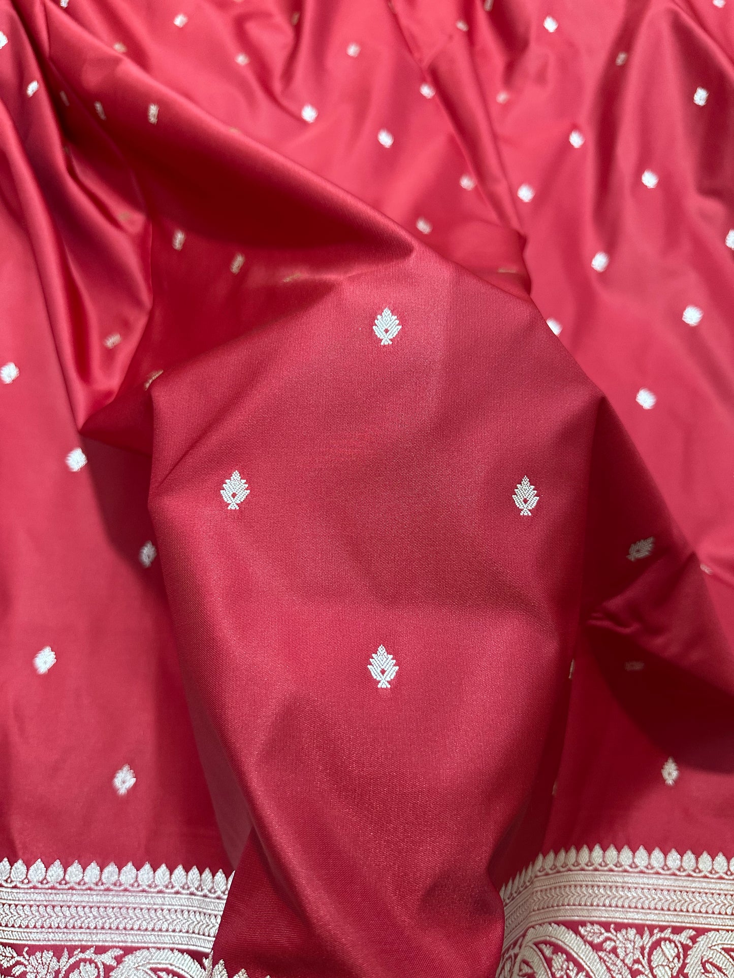 Bridal Crimson Red Katan Silk Banarasi Saree with Traditional Paisley Border and Shimmering Copper Zari Micro-Butis