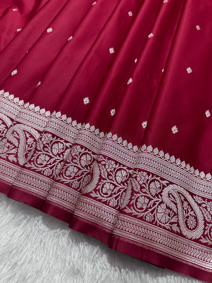 Bridal Crimson Red Katan Silk Banarasi Saree with Traditional Paisley Border and Shimmering Copper Zari Micro-Butis
