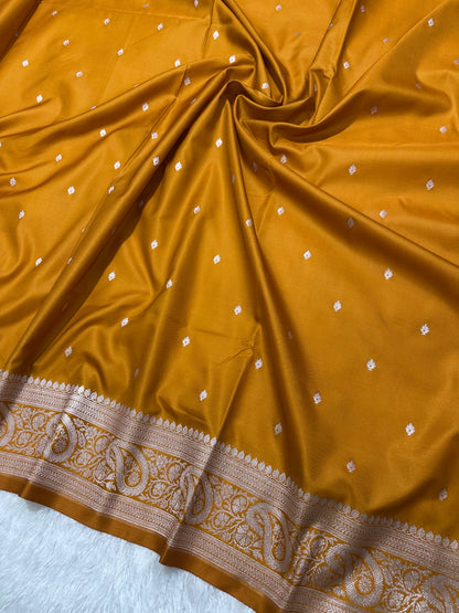 Mustard Orange Katan Silk Banarasi Saree with Classic Copper Zari Kalka Bel Border and Sleek Micro-Butis