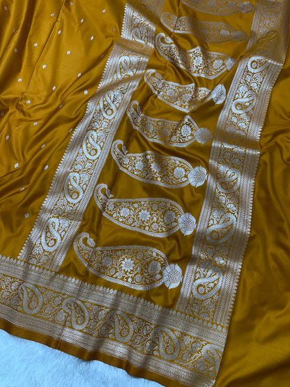 Mustard Orange Katan Silk Banarasi Saree with Classic Copper Zari Kalka Bel Border and Sleek Micro-Butis