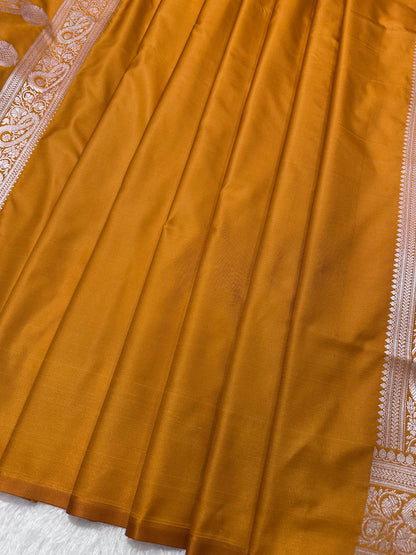 Mustard Orange Katan Silk Banarasi Saree with Classic Copper Zari Kalka Bel Border and Sleek Micro-Butis
