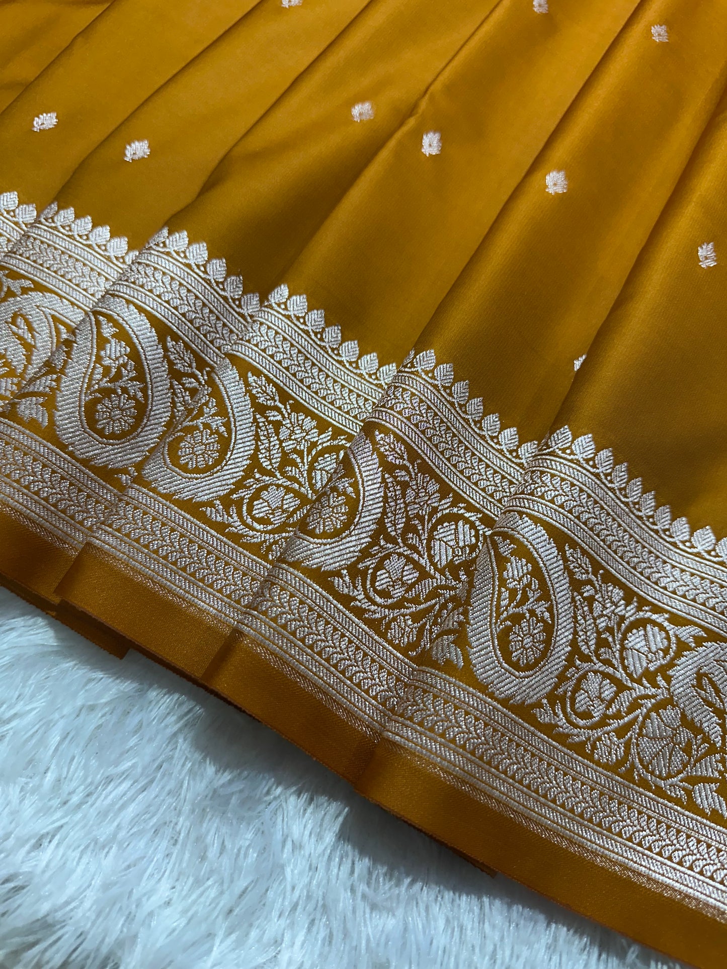 Mustard Orange Katan Silk Banarasi Saree with Classic Copper Zari Kalka Bel Border and Sleek Micro-Butis