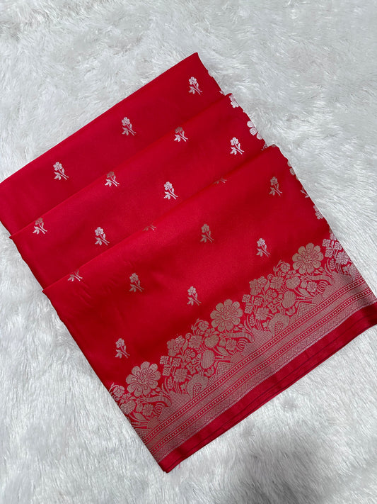 Crimson Red Katan Silk Banarasi Saree with Fine Antique Copper Zari Arch-Bell Jhallar Border