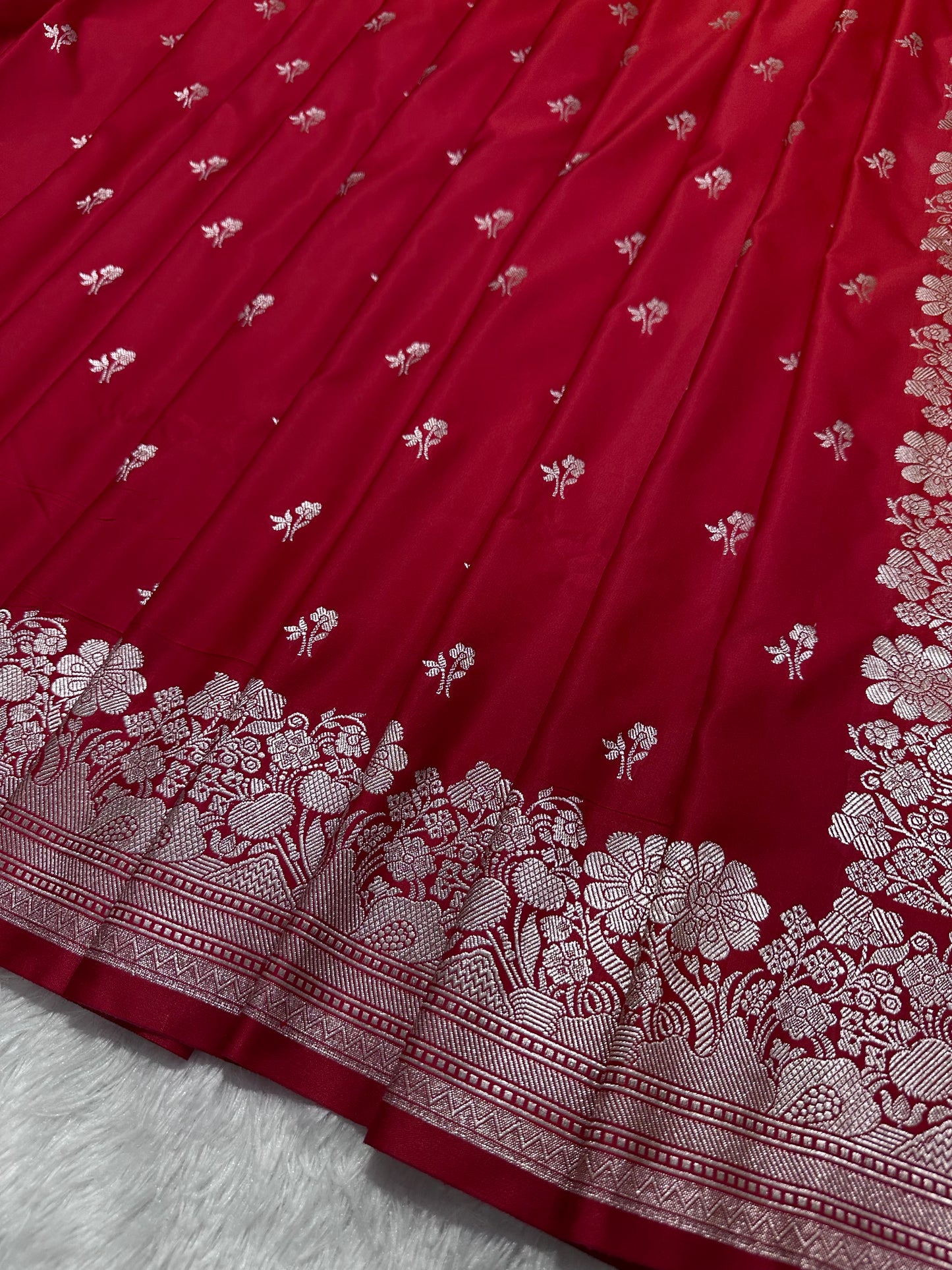 Crimson Red Katan Silk Banarasi Saree with Fine Antique Copper Zari Arch-Bell Jhallar Border