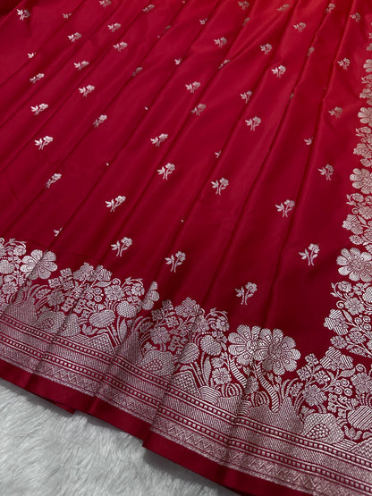Crimson Red Katan Silk Banarasi Saree with Fine Antique Copper Zari Arch-Bell Jhallar Border
