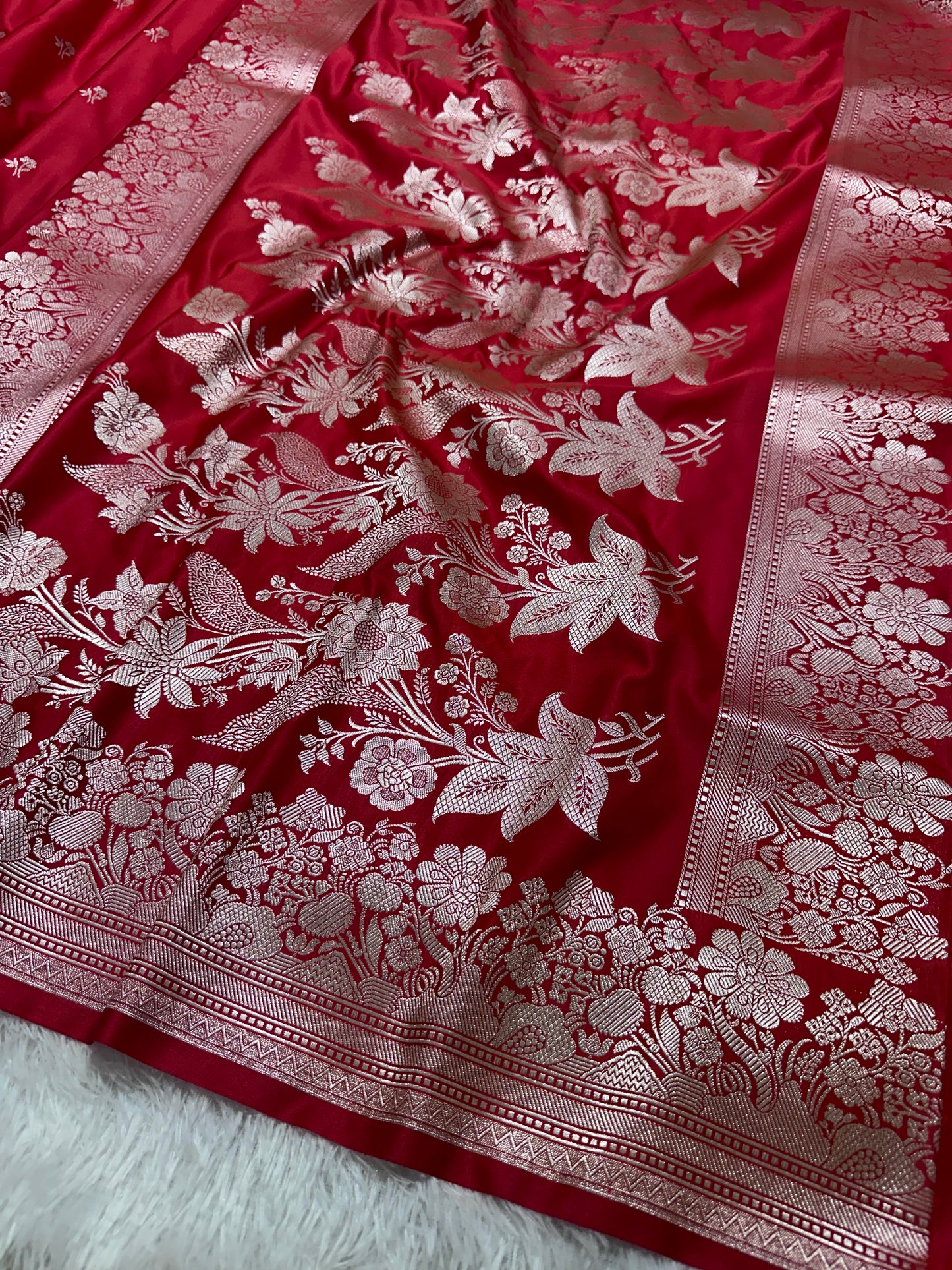 Crimson Red Katan Silk Banarasi Saree with Fine Antique Copper Zari Arch-Bell Jhallar Border